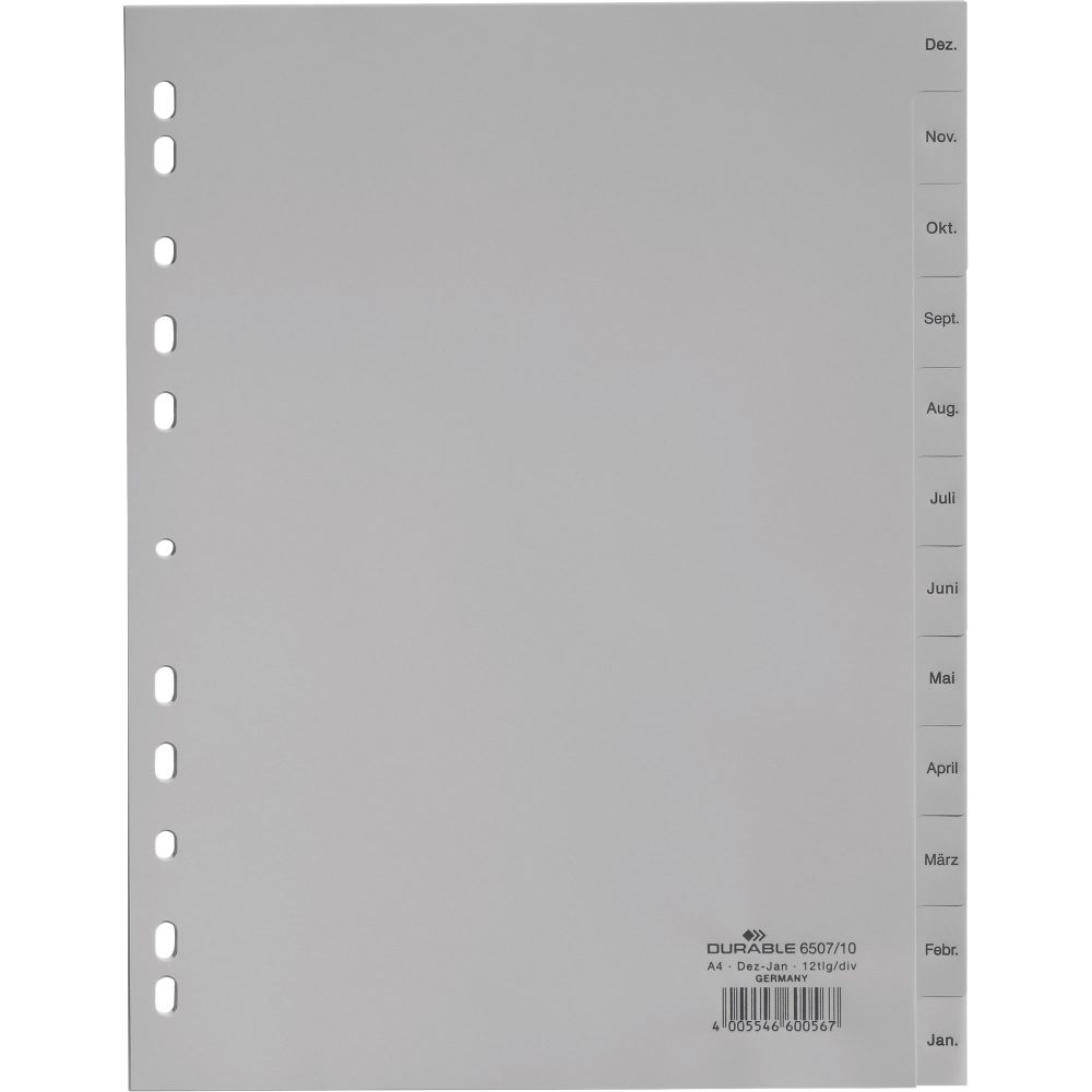 DURABLE Index-Haftstreifen Dez. - Jan. A4 Grau 12-teilig Polypropylen 11 Löcher 6507