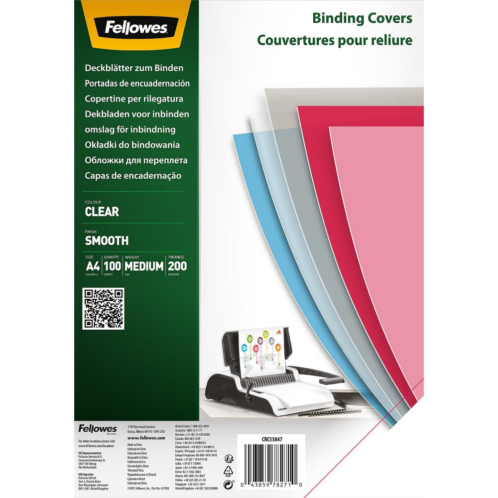 Fellowes Einbanddeckel PET (Polyethylenterephthalat) 200 Mikron Transparent 100 Stück