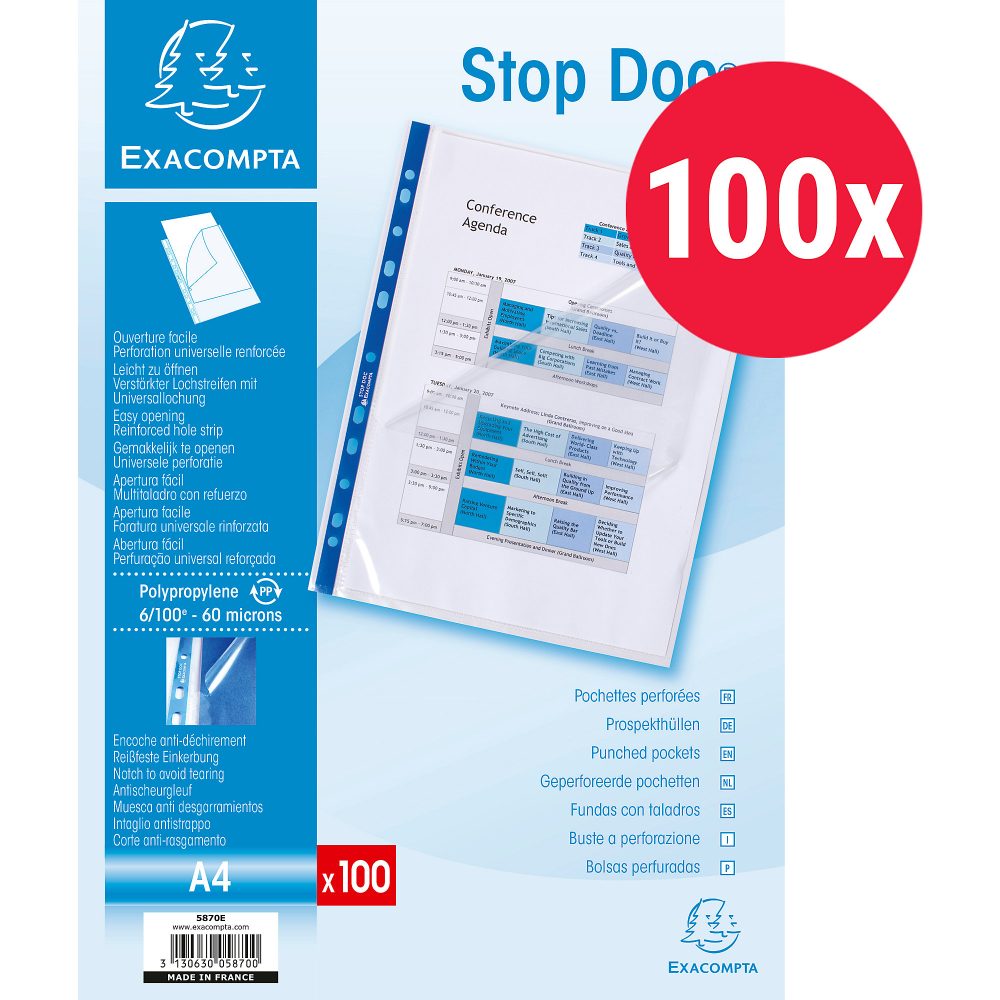 Exacompta STOP DOC Klarsichthüllen A4 Transparent 0,06 mm PP 100 Stück