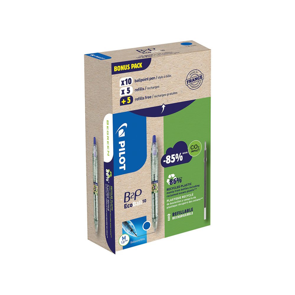 Pilot B2P Ecoball Kugelschreiber Mittel 0.4 mm Recycelt 86% mit 10 Stiften und 10 Minen