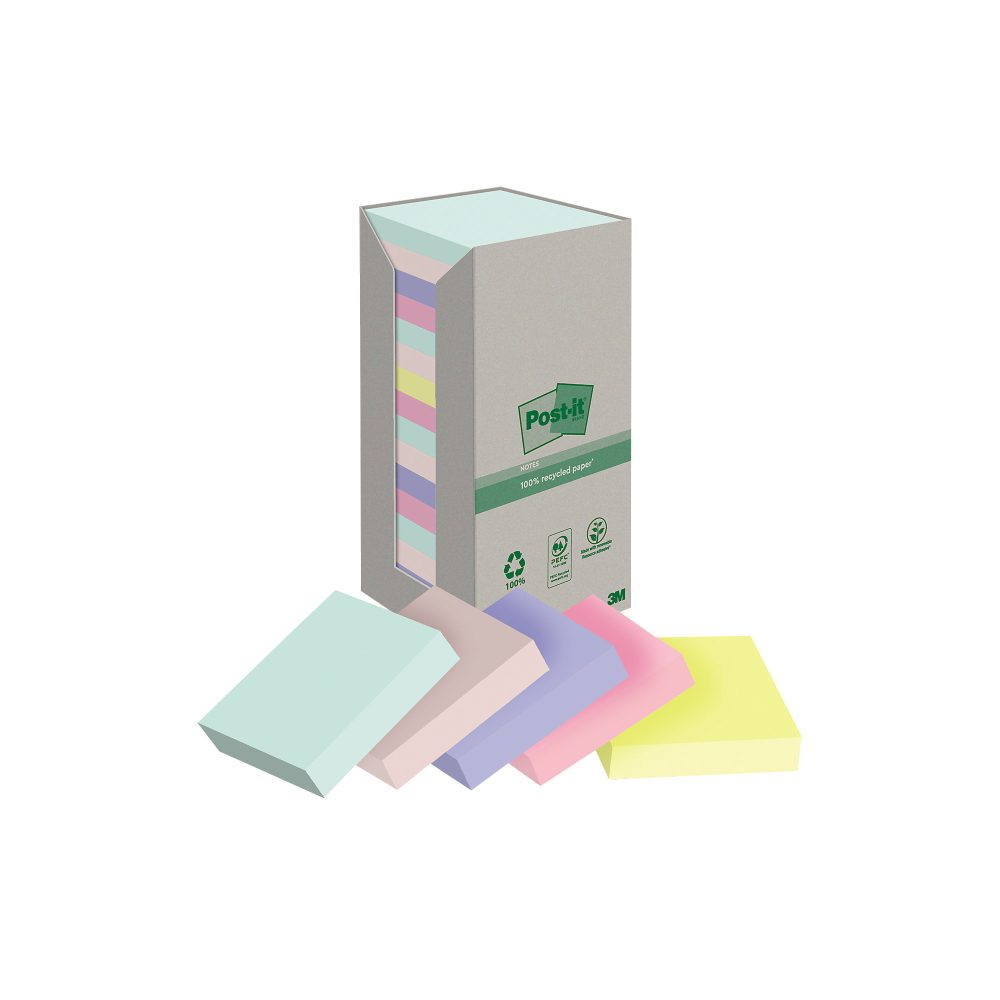 POST-IT Haftnotizen Recycling 76x76mm 654-1RPT 4-farbig, 16x100 Blatt