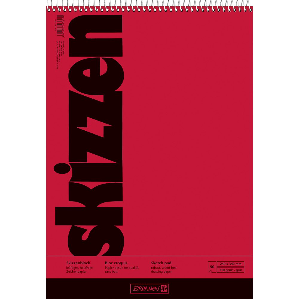BRUNNEN Skizzenblock 24 x 34 cm 110 g/m² Spirale Rot 50 Blatt