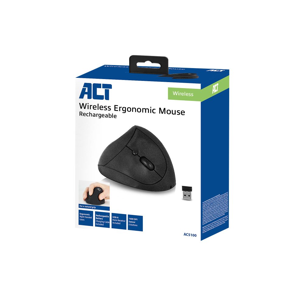 ACT AC5100 Ergonomische Maus Verkabelt / Kabellos Schwarz