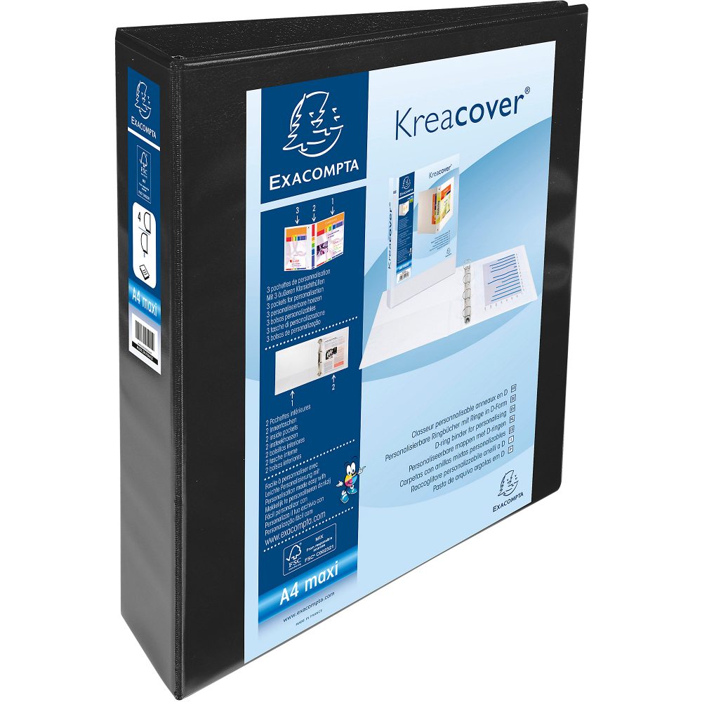 Exacompta - Festes Ringbuch PP, 4 Ringe 40mm in D-Form, Rückenbreite 64mm, für DIN A4 Maxi, Kreacover - x 10, A4, Schwarz