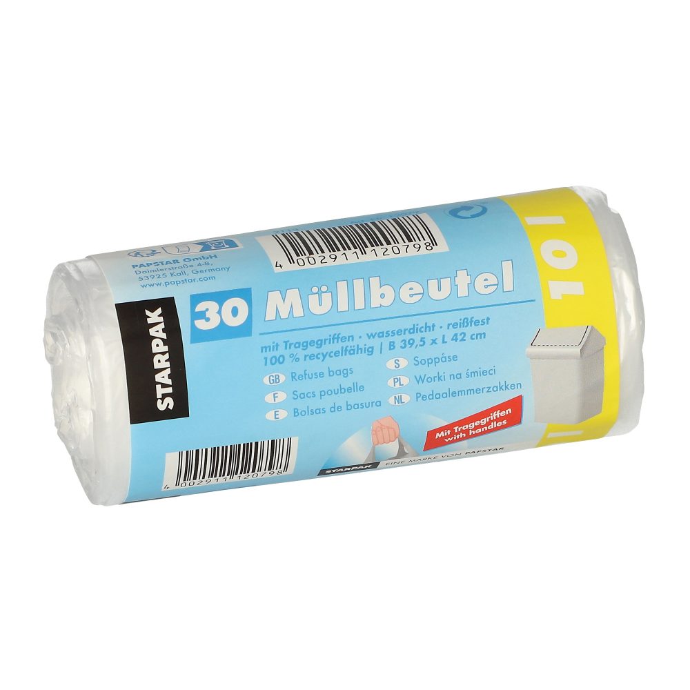 PAPSTAR Müllsäcke 10 L Transparent HDPE (Hochdichtes Polyethylen) Tragegriff 30 Stück
