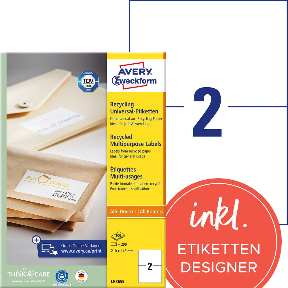 AVERY Zweckform Universaletiketten LR3655 Selbsthaftend A4 Weiss 210 x 148 mm Recycelt 100% 100 Blatt à 2 Etiketten