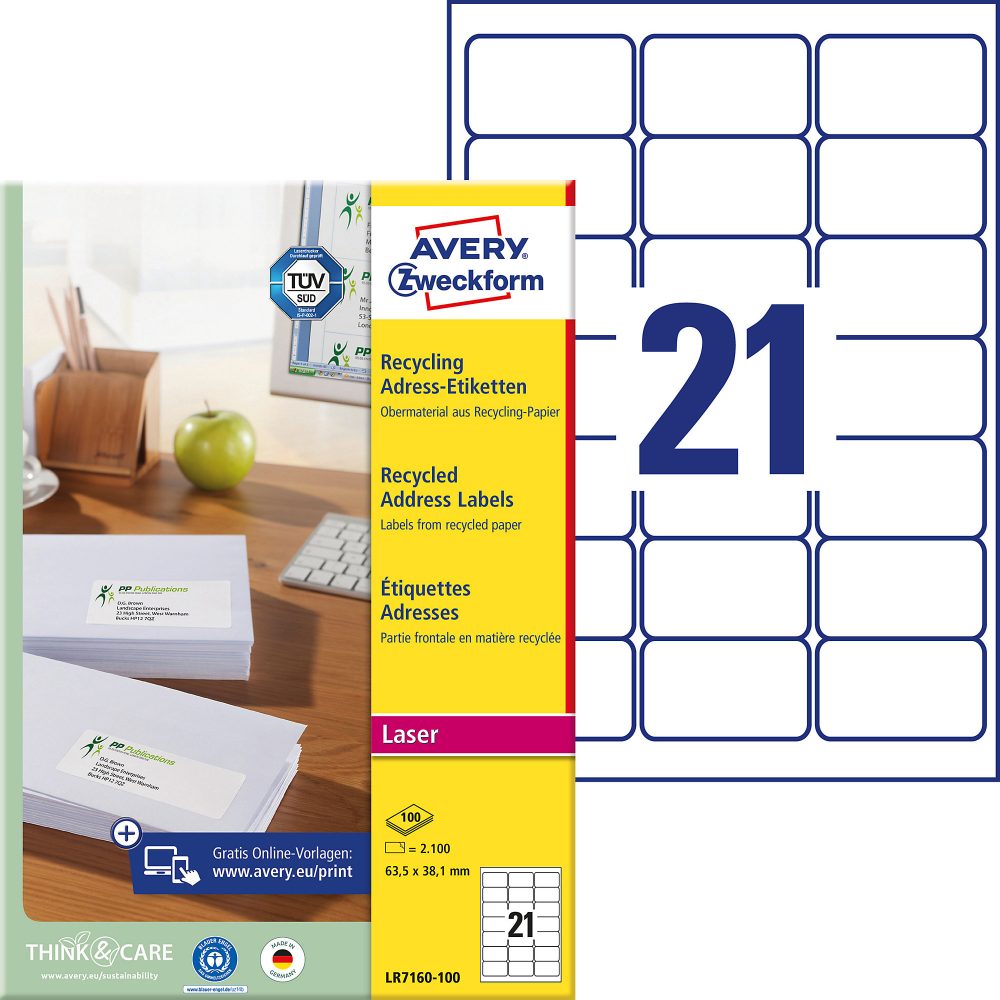 AVERY Zweckform Universaletiketten LR7160-100 Selbsthaftend A4 Weiss 63,5 x 38,1 mm Recycelt 100% 100 Blatt à 21 Etiketten