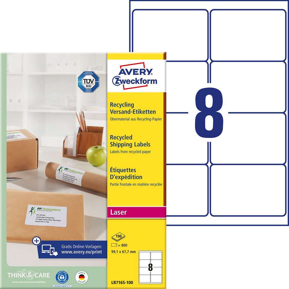 AVERY Zweckform Universaletiketten LR7165-100 Selbsthaftend A4 Weiss 99,1 x 67,7 mm Recycelt 100% 100 Blatt à 8 Etiketten