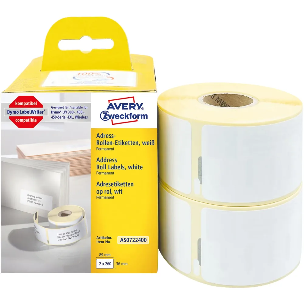 AVERY ZWECKFORM Adress-Etiketten 89x36mm AS0722400 weiss, Rolle 2x260 St&uuml;ck