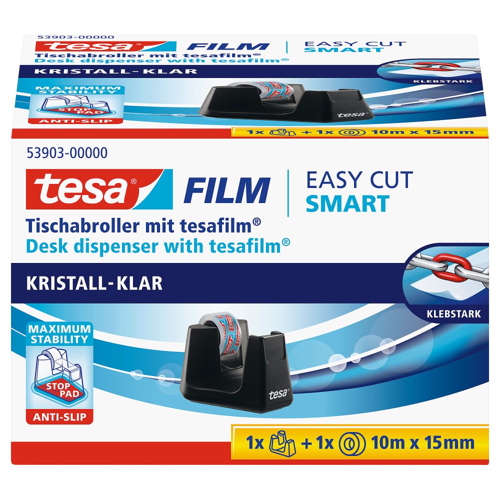 tesa Tischabroller tesafilm Easy Cut SMART Schwarz 15 mm (B) x 10 m (L) Kunststoff  + 1 Rolle tesa Klebefilm Kristall-Klar