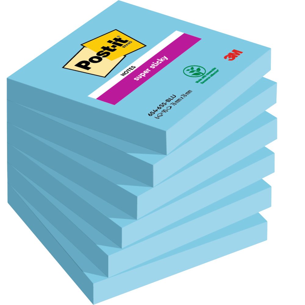 Post-it Super Sticky Haftnotizen 76 x 76 mm Blau Quadratisch 6 Stück à 90 Blatt