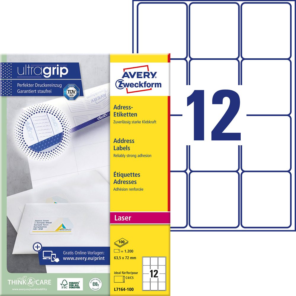 Avery Zweckform L7164-100 Adressetiketten selbstklebend 63,5 x 72mm Weiss 100 Blatt mit 12 Etiketten