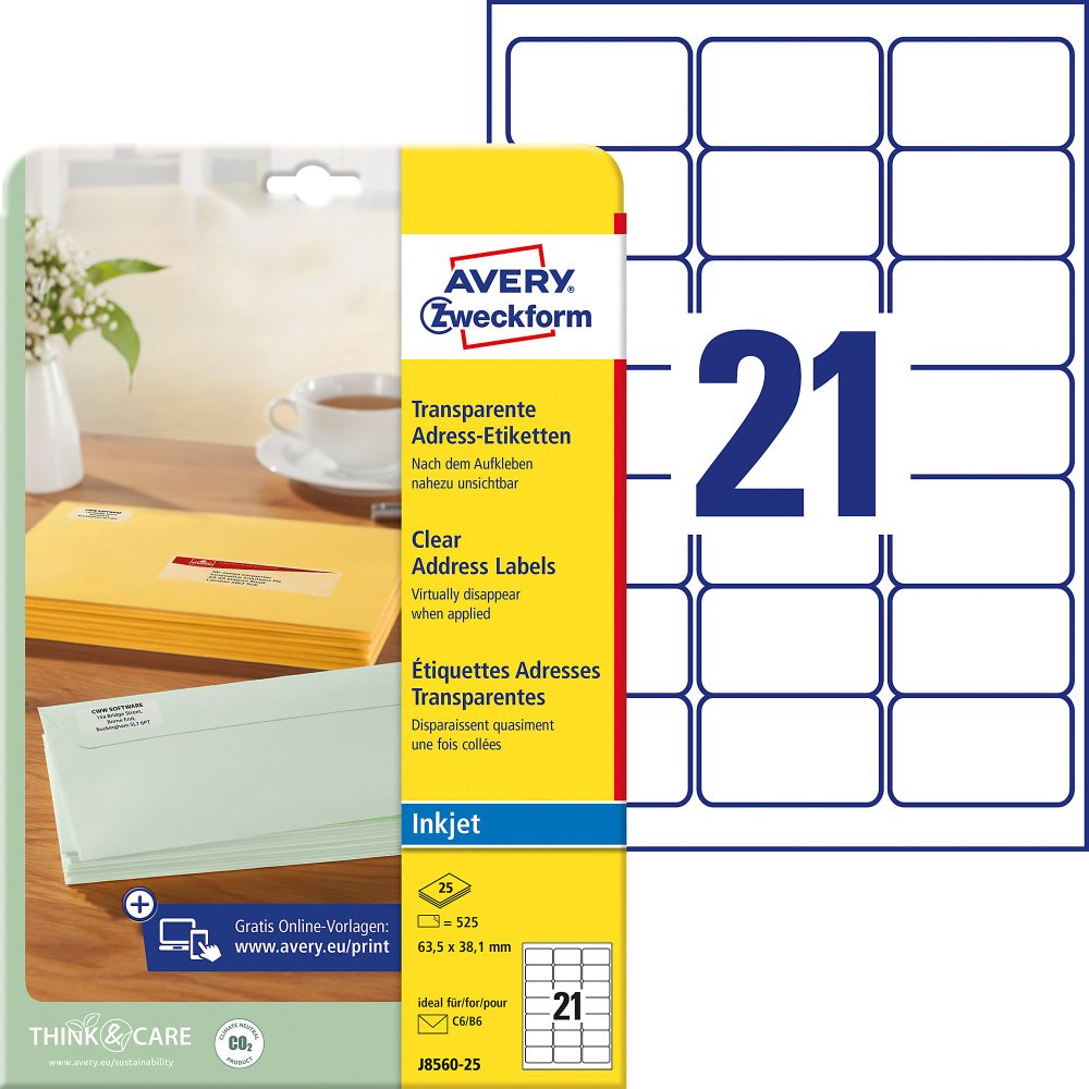 AVERY ZWECKFORM Etiketten J8560 J8560-25 63.5x38.1mm transp.525Stk.20B