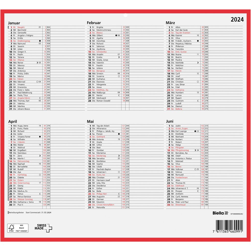 Biella Tafelkalender 2024 A5 6 Monate/1 Seite Karton Weiss Deutsch