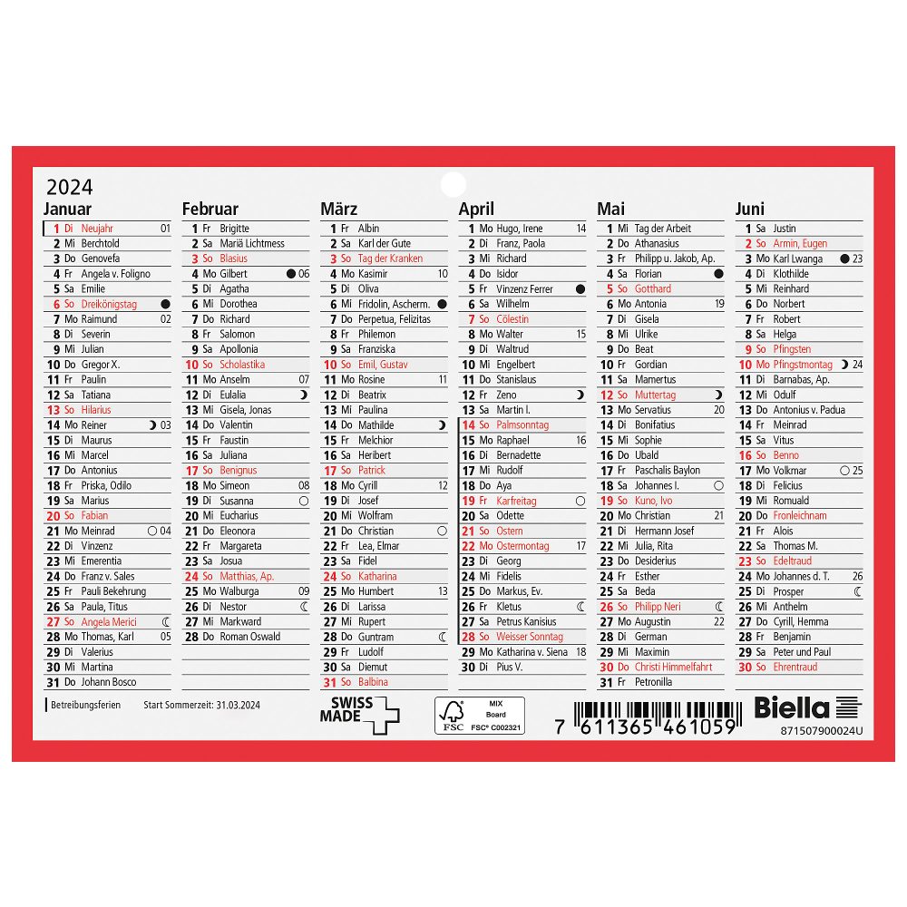 Biella Wandkalender 2024 DIN A6 6 Monate/1 Seite Karton Weiß Deutsch