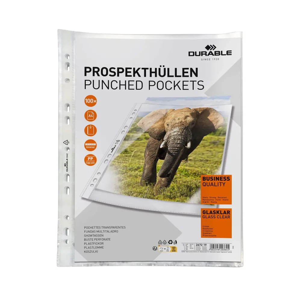 DURABLE Premium Prospekthüllen A4 Glasklar Transparent 60 Mikron Polypropylen Oben 11 Löcher 100 Stück