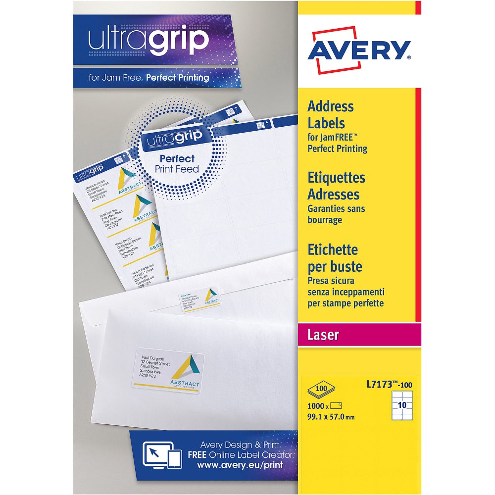 AVERY Zweckform UltraGrip Adressetiketten L7173-100 Selbsthaftend A4 Weiss 99,1 x 57 mm 100 Blatt à 10 Etiketten