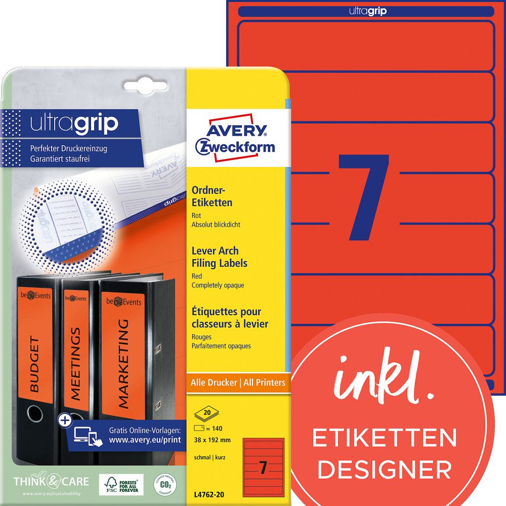 AVERY Zweckform UltraGrip Ordneretiketten L4762-20 Selbsthaftend A4 Rot 3,8 x 19,2 cm 20 Blatt à 7 Etiketten