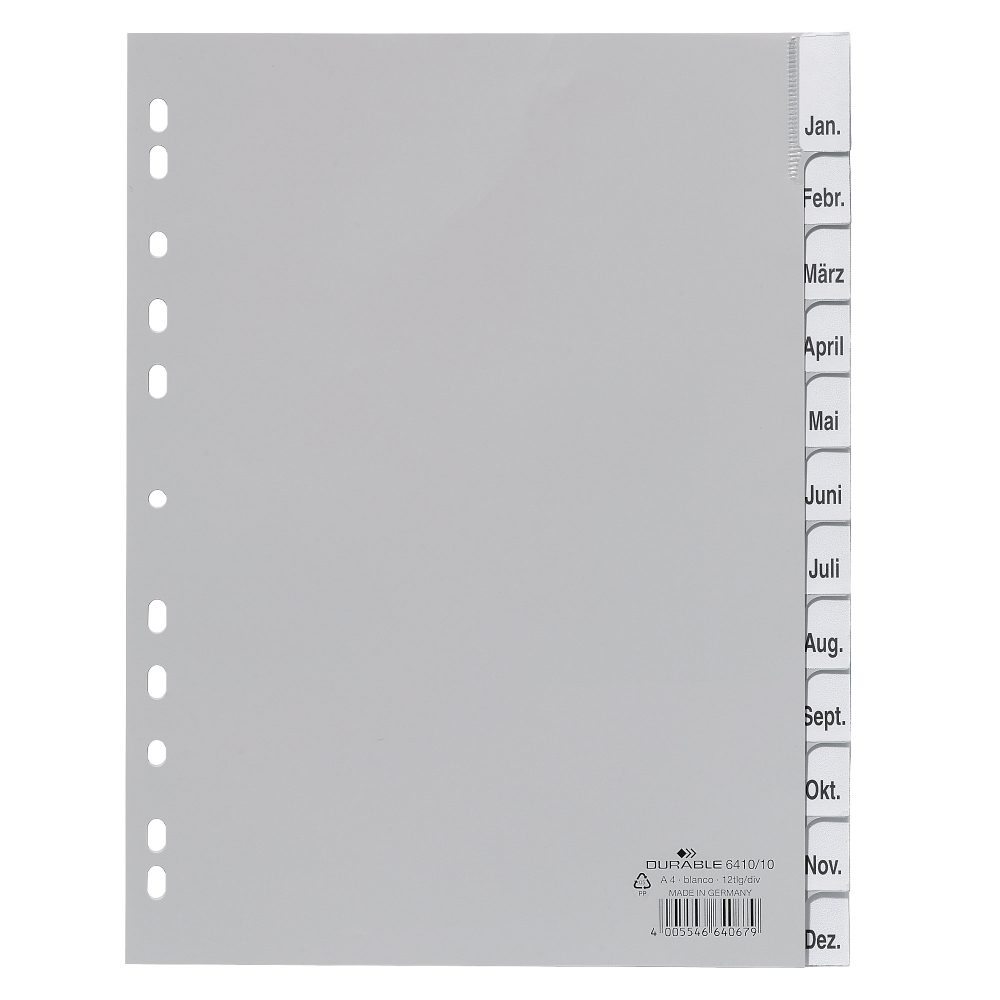 DURABLE Blanko Register DIN A4 Grau 12-teilig PP (Polypropylen) Portrait A4 11 Löcher 6410