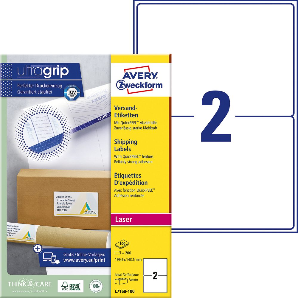 AVERY Zweckform Versandetiketten L7168-100 Ultragrip Weiss DIN A4 199,6 x 143,5 mm 100 Blatt à 2 Etiketten
