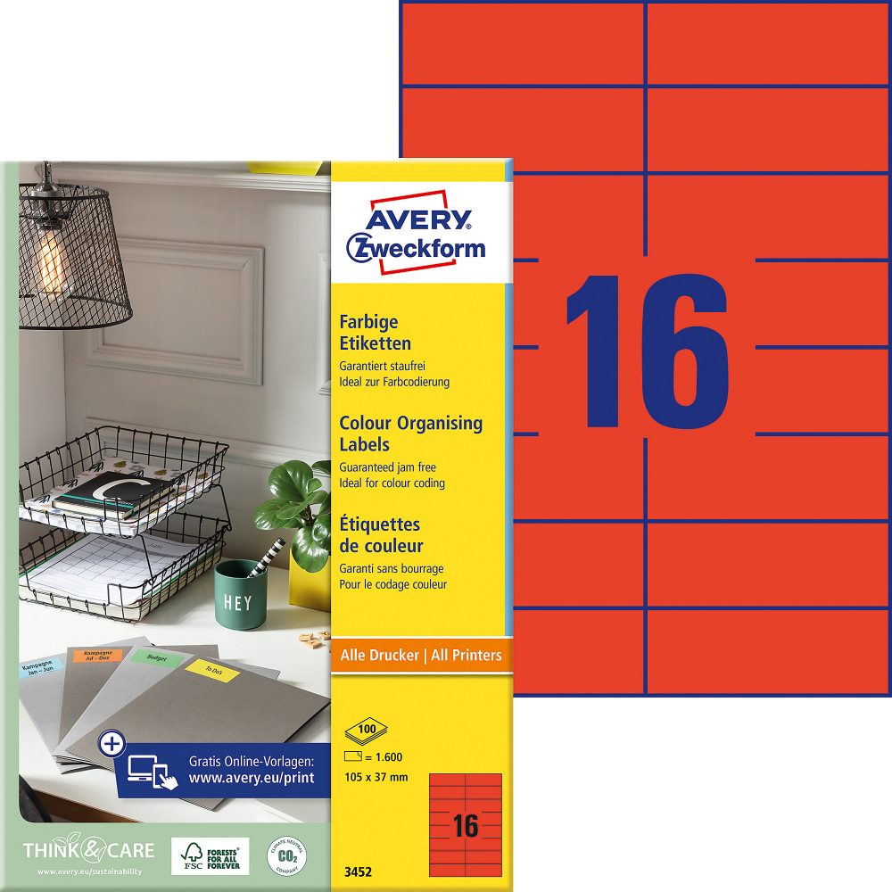 AVERY ZWECKFORM Etiketten 105&times;37mm 3452 rot 1600 St&uuml;ck