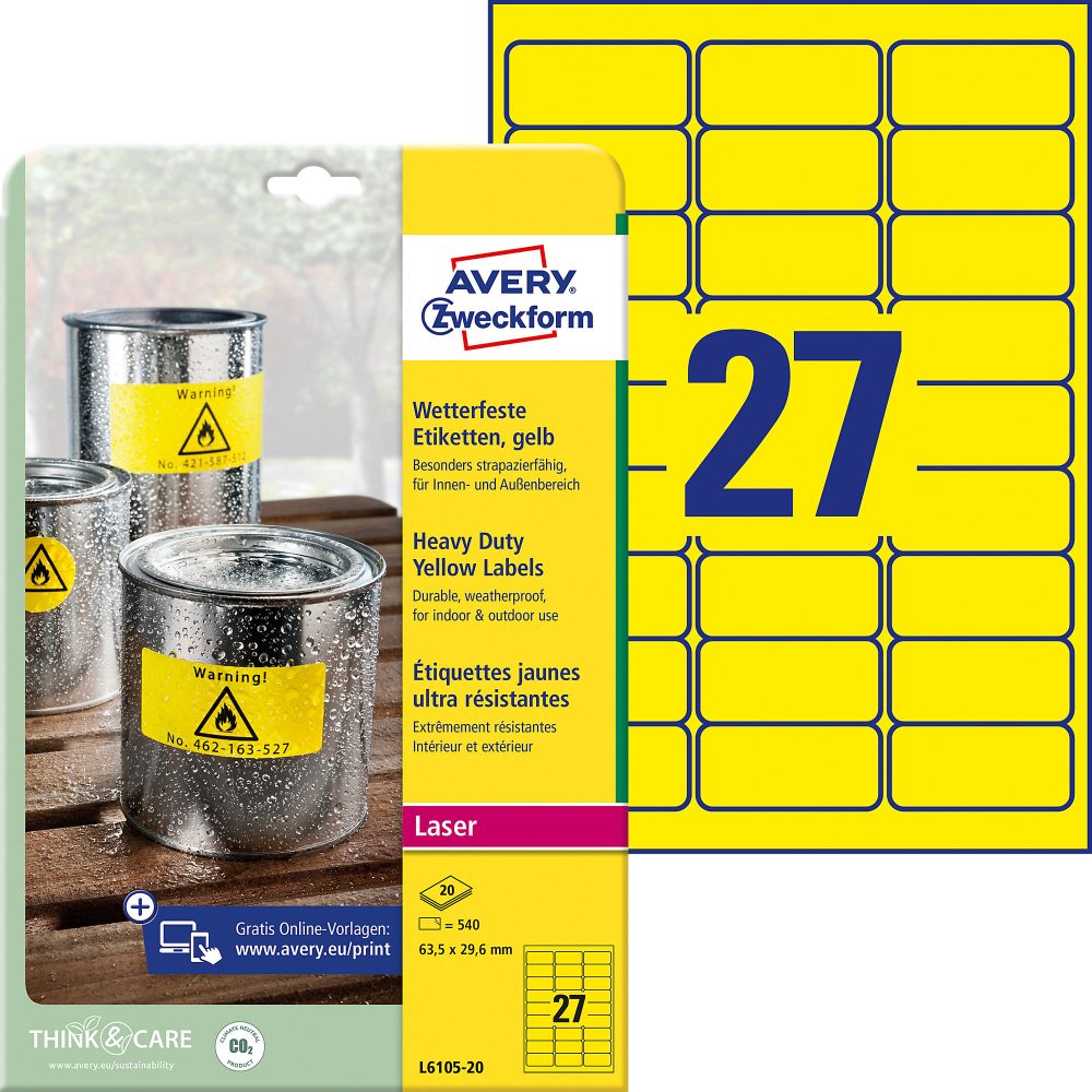 AVERY Zweckform L6105-20 Hochleistungsetiketten DIN A4 Gelb 63,5 x 29,6 mm 20 Blatt à 27 Etiketten