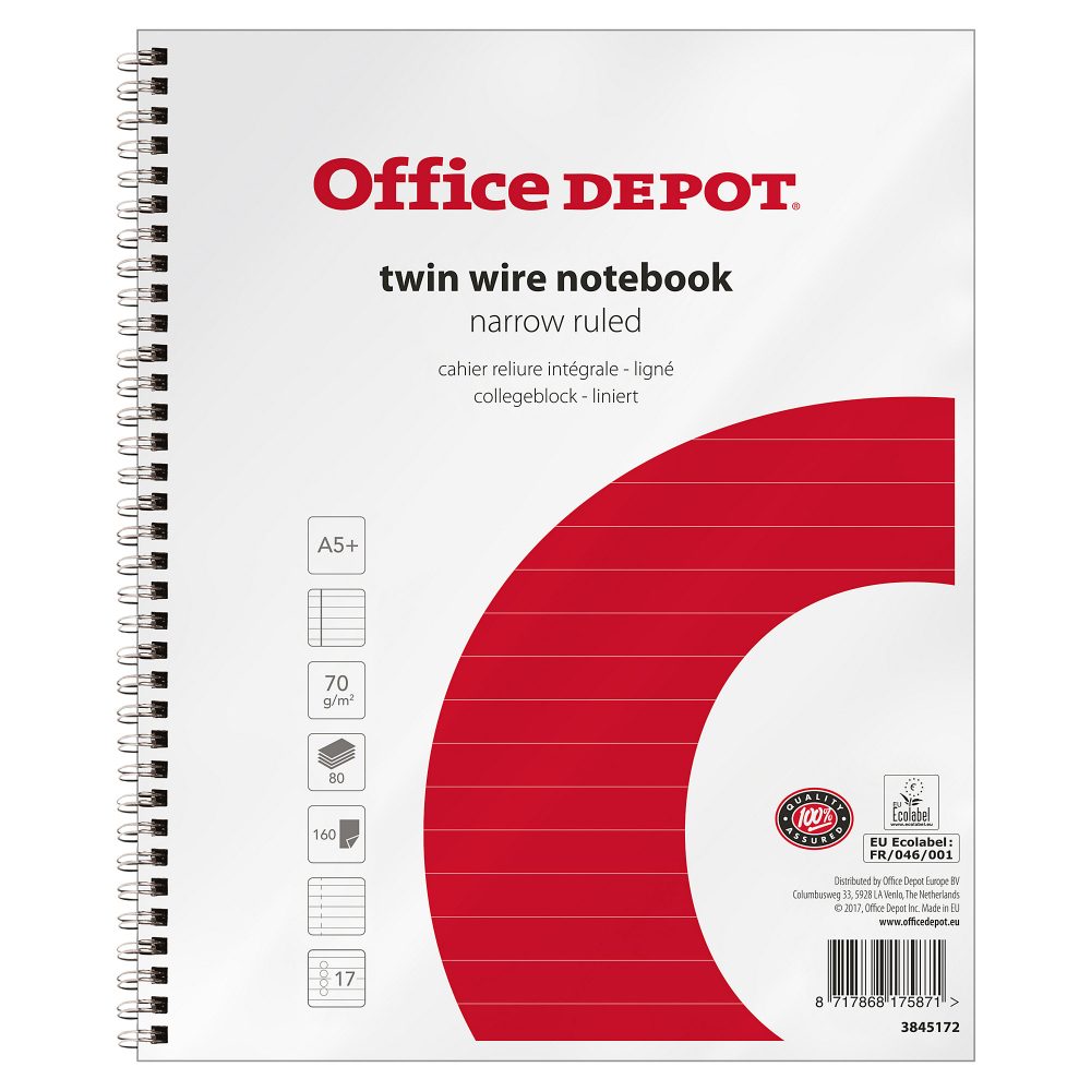 Office Depot Notizbuch DIN A5+ Liniert Spiralbindung Papier Weiß Perforiert 160 Seiten 5 Stück à 80 Blatt