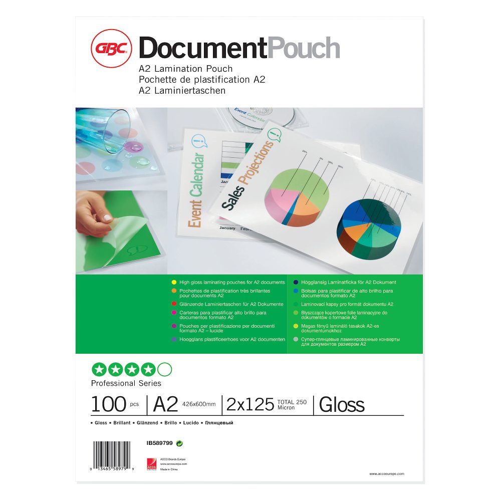 GBC Document Laminierfolien A2 Glänzend 125 Mikron (2 x 125) Transparent 100 Stück