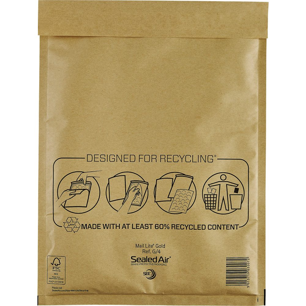 Mail Lite Luftpolster-Versandtaschen G/4 230 (B) x 330 (H) mm Abziehstreifen Goldgelb 10 Stück