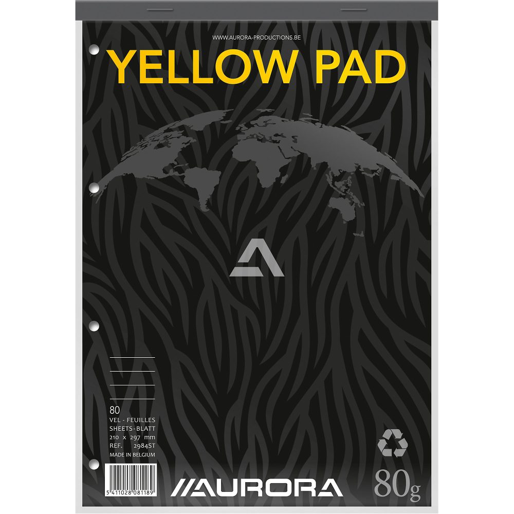 AURORA Notizblock Gebunden DIN A4 Liniert Papier Gelb, Schwarz Perforiert 160 Seiten 80 Blatt