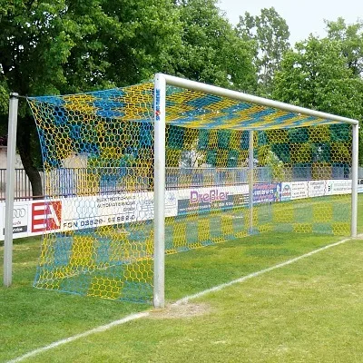 Sport-Thieme Grossfeld-Fussballtor in Bodenhülsen stehend, mit freier Netzaufhängung, Alu, Mattsilber eloxiert , Integrale Netzbefestigung