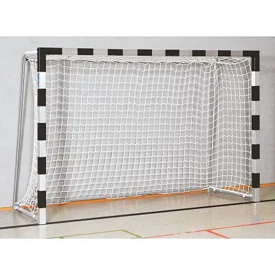 Sport-Thieme Handballtor in Bodenhülsen stehend mit anklappbaren Netzbügeln, 3x2 m, Schwarz-Silber, Verschweisste Eckverbindungen