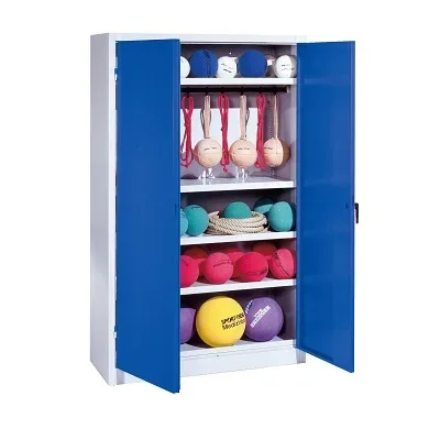 C+P Sportgeräteschrank mit Vollblech-Flügeltüren (Typ 2), HxBxT 195x120x50 cm, Ergo-Lock Muldengriff, Enzianblau (RAL 5010), Lichtgrau (RAL 7035), Einzelschliessung