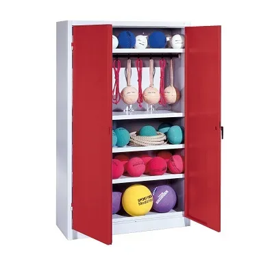 C+P Sportgeräteschrank mit Vollblech-Flügeltüren (Typ 2), HxBxT 195x120x50 cm, Ergo-Lock Muldengriff, Rubinrot (RAL 3003), Lichtgrau (RAL 7035), Einzelschliessung