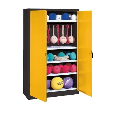 C+P Sportgeräteschrank mit Vollblech-Flügeltüren (Typ 2), HxBxT 195x120x50 cm, Ergo-Lock Muldengriff, Goldgelb (RAL 1004), Anthrazit (RAL 7021), Einzelschliessung