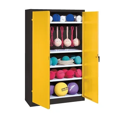 C+P Sportgeräteschrank mit Vollblech-Flügeltüren (Typ 2), HxBxT 195x120x50 cm, Ergo-Lock Muldengriff, Verkehrsgelb (RAL 1023), Anthrazit (RAL 7021), Gleichschliessung