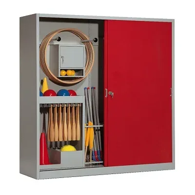 C+P Sportgeräteschrank mit Vollblech-Schiebetüren (Typ 5), HxBxT 195x190x60 cm, Rubinrot (RAL 3003), Lichtgrau (RAL 7035), Einzelschliessung