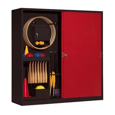 C+P Sportgeräteschrank mit Vollblech-Schiebetüren (Typ 5), HxBxT 195x190x60 cm, Rubinrot (RAL 3003), Anthrazit (RAL 7021), Einzelschliessung