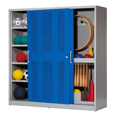 C+P Sportgeräteschrank mit Lochblech-Schiebetüren (Typ 5), HxBxT 195x190x60 cm, Enzianblau (RAL 5010), Lichtgrau (RAL 7035), Einzelschliessung