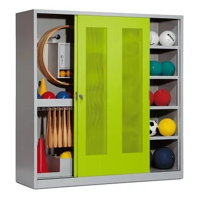 C+P Sportgeräteschrank mit Lochblech-Schiebetüren (Typ 5), HxBxT 195x190x60 cm, Clowngrün (RAL 110 80 60), Lichtgrau (RAL 7035), Einzelschliessung
