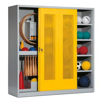 C+P Sportgeräteschrank mit Lochblech-Schiebetüren (Typ 5), HxBxT 195x190x60 cm, Verkehrsgelb (RAL 1023), Anthrazit (RAL 7021), Einzelschliessung
