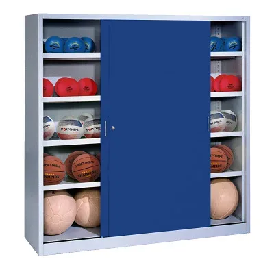 C+P Ballschrank mit Vollblech-Schiebetüren (Typ 4), HxBxT 195x120x50 cm, Enzianblau (RAL 5010), Lichtgrau (RAL 7035), Einzelschliessung