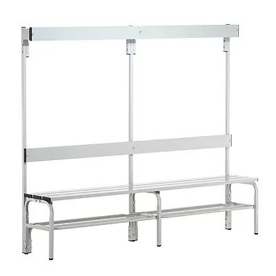 Umkleidebank aus Edelstahl, HxT 1650 x 375 mm, Länge 2000 mm, 6 Haken, lichtgrau, Schuhrost Sypro