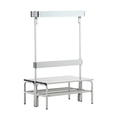 Umkleidebank aus Edelstahl, HxT 1650 x 725 mm, Länge 1015 mm, 6 Haken, lichtgrau, Schuhrost Sypro