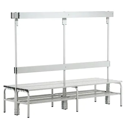 Umkleidebank aus Edelstahl, HxT 1650 x 725 mm, Länge 1500 mm, 12 Haken, lichtgrau, Schuhrost Sypro