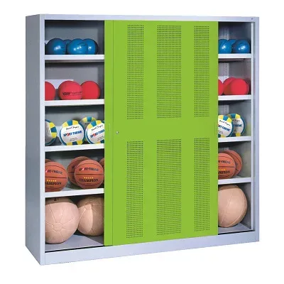 C+P Ballschrank mit Lochblech-Schiebetüren (Typ 4), HxBxT 195x160x50 cm, Clowngrün (RAL 110 80 60), Lichtgrau (RAL 7035), Einzelschliessung