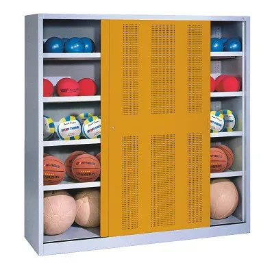 C+P Ballschrank mit Lochblech-Schiebetüren (Typ 4), HxBxT 195x160x50 cm, Goldgelb (RAL 1004), Lichtgrau (RAL 7035), Einzelschliessung
