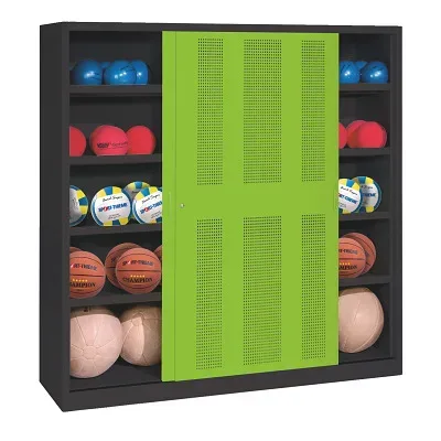 C+P Ballschrank mit Lochblech-Schiebetüren (Typ 4), HxBxT 195x160x50 cm, Clowngrün (RAL 110 80 60), Anthrazit (RAL 7021), Einzelschliessung