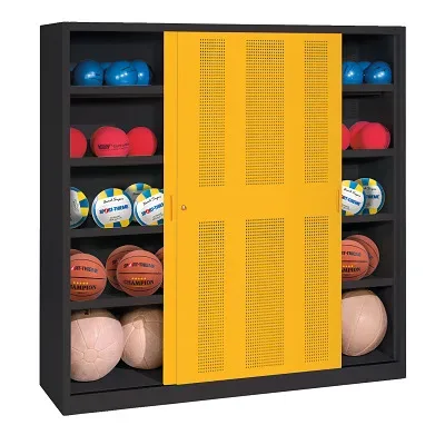 C+P Ballschrank mit Lochblech-Schiebetüren (Typ 4), HxBxT 195x160x50 cm, Verkehrsgelb (RAL 1023), Anthrazit (RAL 7021), Einzelschliessung