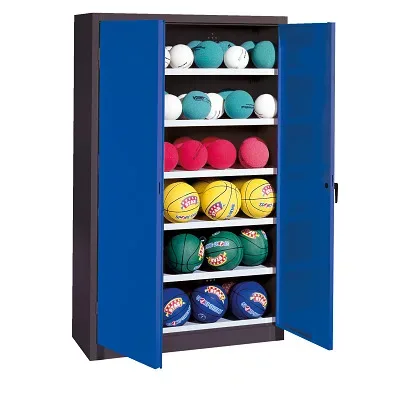 C+P Ballschrank mit Vollblech-Flügeltüren (Typ 3), HxBxT: 195x120x50 cm, Enzianblau (RAL 5010), Ergo-Lock Muldengriff, Anthrazit (RAL 7021), Einzelschliessung